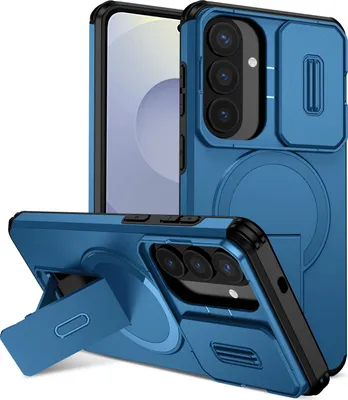 Obrázek produktu pro Magnetické pouzdro pro Samsung Galaxy S26+, dvouvrstvé odolné pouzdro s posuvnou ochranou fotoaparátu a nastavitelným stojánkem Modrá