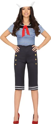 A woman is posing in a sailor costume.