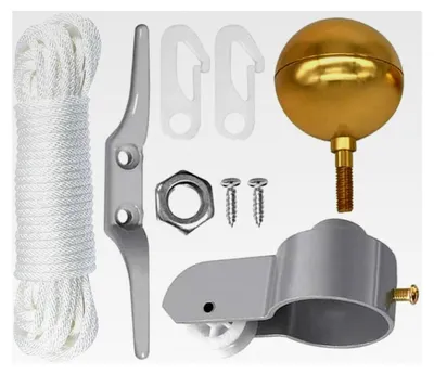Produktbild von Zubehörset für Fahnenmast, Reparaturset für Fahnenmastteile, inkl. goldfarbener Kugelspitze, Seil, Karabiner und Aluminium-Topper mit Seilrolle