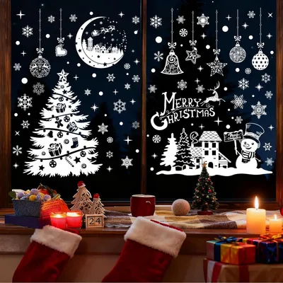 Imagen del producto de Decoraciones navideñas autoadhesivas para ventanas, 20 motivos, copos de nieve y estrellas, decoración de invierno