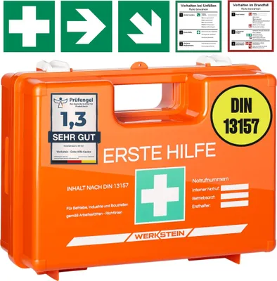 Produktbild von Erste Hilfe Kasten mit Inhalt nach neuer DIN 13157:2021 I Erste Hilfe Koffer inkl. praktischer Wandhalterung, 5x Aufkleber & Plombe I Verbandskasten für Betriebe, Einrichtungen & Zuhause