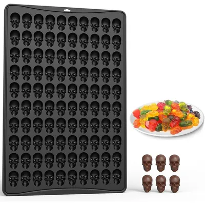 Productafbeelding van PTaizjjz Halloween siliconen mal met schedelmotief, met 100 holtes - Mini siliconen mal, snoepvorm voor het bakken van koekjes, pudding, gelei, en traktaties voor honden