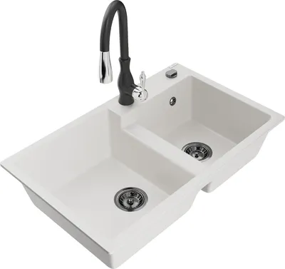 Produktbild von Mexen Tomas 2-Becken-Granitspüle mit Mischbatterie Savita, Weiß - 6516-20-672601-70