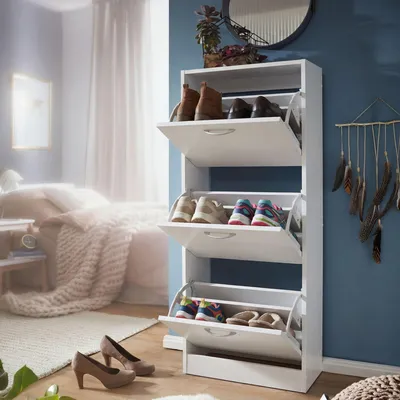 Produktbild von FineBuy Schuhkipper mit 3 Fächern für 18 Paar Schuhe Moderner Schuhschrank in Weiß Schuhkommode 50 x 24 x 125 cm