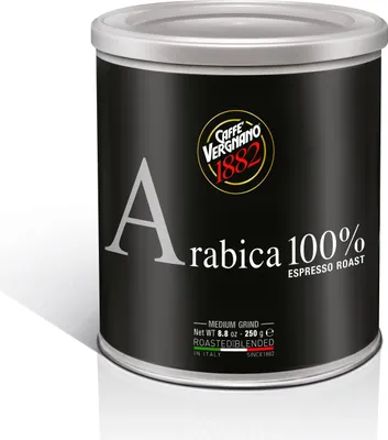 A black tin can of coffee with text and a logo.