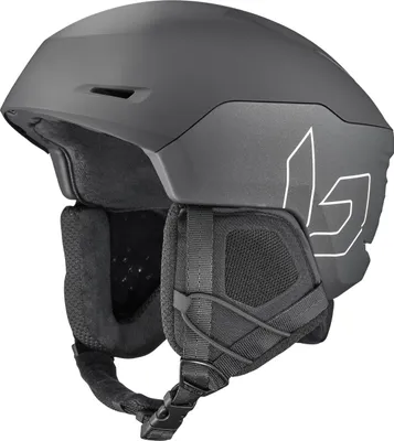 A gray ski helmet with white branding on the side.