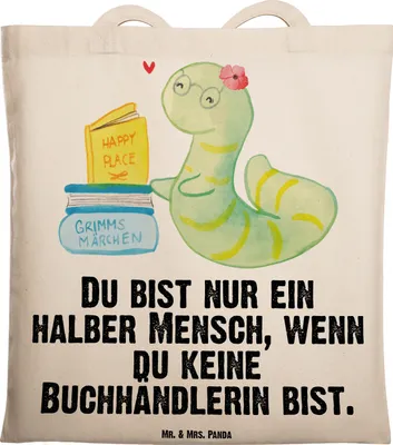 Produktbild von Mr. & Mrs. Panda Jutebeutel Buchhändlerin Herz - Transparent - Geschenk, Beruf, Witzig, Laptoptasche, Tragetasche, Tote Bag, Bibliothekarin, Buchhandlung, Tasche