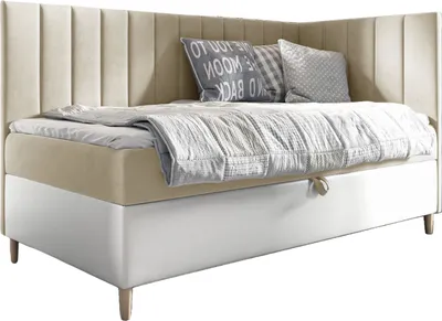 Produktbild von MEBLINI Kinderbett mit Bettkasten - Gepolstert Einzelbett mit Matratze - Polsterbett mit Stauraum - Bett mit Kopfteil - Stauraumbett - MAYA 3 - 80x200 Rechts - H3/Beige Samt