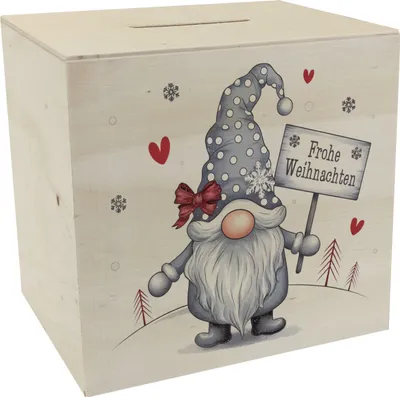 Produktbild von niedlicher Weihnachtswichtel mit Schild Spardose aus Holz - Frohe Weihnachten