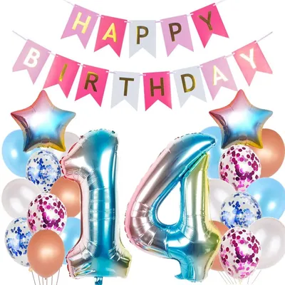 14. Geburtstag Ballon-Deko-Set, bunte Ballons mit Zahl 14
