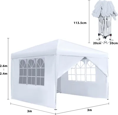 Image de LZQ Pavillon pliable 3x3m avec 4 parois latérales, pavillon de jardin, étanche, protection UV, tente de réception, sac inclus, blanc