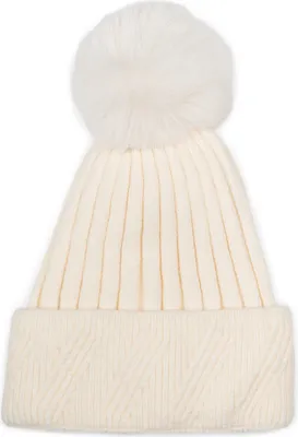 Produktbild von styleBREAKER Damen Strick Bommelmütze Einfarbig mit Rippen Muster und Fleece Futter, Winter Mütze, Strickmütze 04024198