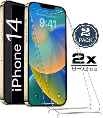 A product shot of iPhone 14 screen protectors, with promotional text and graphics.