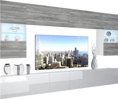 Produktbild von BELINI Wohnwand Vollausstattung Wohnzimmer-Set Moderne Schrankwand mit LED-Beleuchtung Weiß Glänzend Anbauwand TV-Schrank Glamour Holz / Weiß Glänzend/Matt