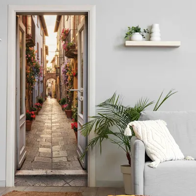 Produktbild von Türtapete selbstklebend | 200 x 90 cm Alte Gasse Mallorca | Tür Aufkleber Poster Türfolie | Einteilig | Wasserfest 3D Türaufkleber Klebefolie Wandtattoo
