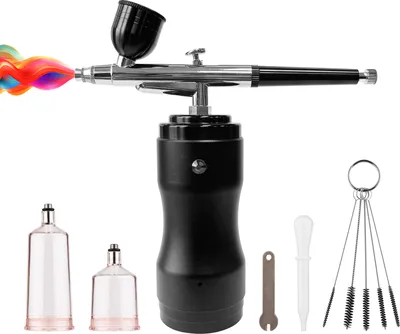 Produktbild von Tragbares Airbrush-Kit mit Kompressor, kabelloser Hand-Airbrush-Stift, Dual-Action, 3-stufig einstellbarer Druck, eingebauter Akku zum Malen, Modellieren, Faerben, Nail Art, Make-up, Kuchen, Dekorieren