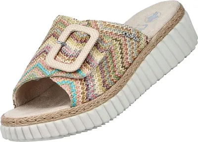 Auf dem Bild ist ein mehrfarbiger Freizeitschuh zu sehen der von der Seitenansicht dargestellt wird. Der Schuh zeigt ein auffälliges Design mit verschiedenen Farbnuancen und Details.