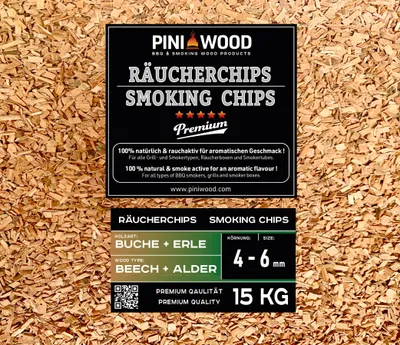 Produktbild von PINI 15 Kg Räucherchips Buche und Erle gemischt 4-6 mm Smoking Chips Räucherspäne