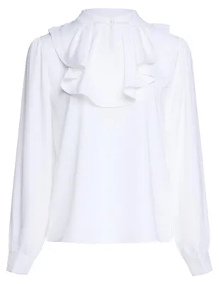 Produktbild von Klassische weiße Bluse Größe S aus der Elegant Women Kollektion mit Stehkragen, langen Ärmeln und Rüschen