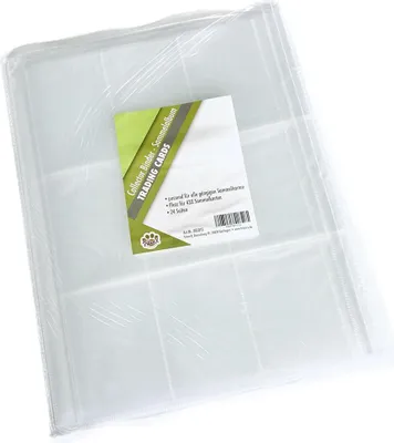 A stack of clear plastic trading card pages, with a product label in the foreground.