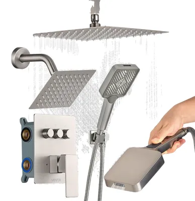 Image de Kit de système de douche VEVOR, comprenant une douchette de pluie de 30 cm / 12 pouces, une douchette murale de 15 cm / 6 pouces (avec 3 fonctions), des robinets et des caches en laiton