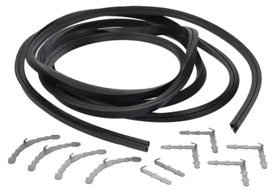 A black rubber seal and several metal clips are laid out on a white background.