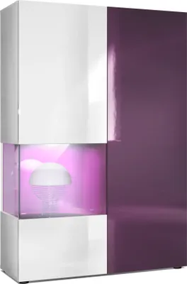 Produktbild von Vladon Vitrine Kommode Hochschrank Morena,  Germany, Korpus in Weiß matt / Rechte Tür und der Einsatz in Brombeer Hochglanz, inkl. LED Beleuchtung