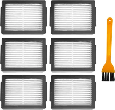 A set of six vacuum cleaner filters and a cleaning brush are arranged on a white background.