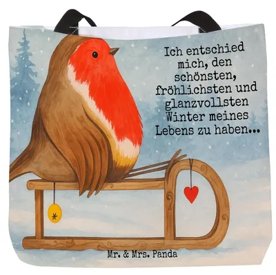 Produktbild von Mr. & Mrs. Panda Reisetasche Rotkehlchen Schlitten Design - Weiß - Geschenk, Weihnachten, Tasche, Einkaufstasche, Tote Bag, Vogel, Tragetasche, Strandtasche
