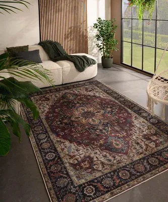 Image de Tapis d'extérieur vintage Unyqoos® Valenca Brio – Rouge, 80x150 cm, lavable, structure 3D, pour intérieur et extérieur (terrasse, balcon, salon)