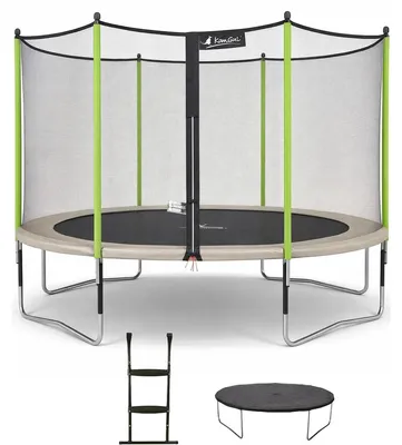 Image de KANGUI Trampoline de jardin 426 cm + filet de sécurité + échelle + bâche de protection JUMPI Taupe/Vert 430.