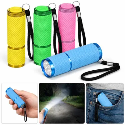 Produktbild von 4er Set Mini LED Taschenlampe, Taschenlampe kinder – 9 LEDs, wasserdicht, Aluminium, mit Schlüsselband – Für Kinder, Notfall, Outdoor & Camping