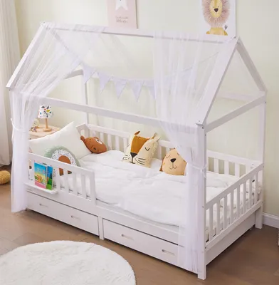 Produktbild von Alavya Home® Hausbett 90x200 cm Komplett Set mit Schubladen Weiß - Zwei Schubladen + Matratze + Weiß Deko I Kinderbett 90 x 200 cm