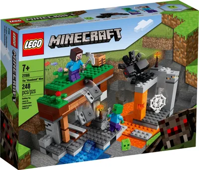 The image shows the packaging of a LEGO Minecraft set, depicting a mine scene with characters and creatures.