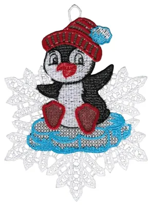 Ein niedlicher Pinguin mit roter Mütze sitzt fröhlich auf einer blauen Eisscholle umgeben von einem kunstvoll gestalteten weißen Schneeflockenmotiv