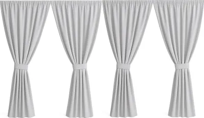 Four gray curtains are shown hanging against a white background.