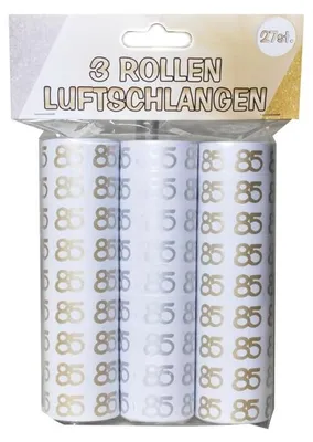 Luftschlangen 85. Geburtstag, Weiß-Gold-Silber, 3 Rollen