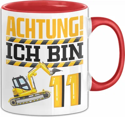 Produktbild von 11. Geburtstag Geschenk Tasse Becher Jungs Baustelle Geburtstagsgeschenk Achtung Ich Bin 11 (Rot)