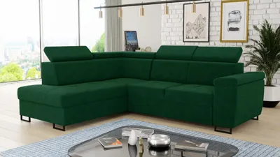 Produktbild von Ecksofa Natan mit Schlaffunktion und einstellbare Kopfstützen - Wohnlandschaft mit Metallfüßen, Couchgarnitur, Bettkasten, Sofa (Ecksofa Links, Grün (Kronos 19))