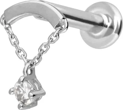 Produktbild von Ohrpiercing, Nasenpiercing 14 Karat Gold Labret mit Innengewinde MOISSANIT + BOGEN + KETTE 14 Karat | WeißGold Stablänge: 5mm - Stabstärke: 1mm