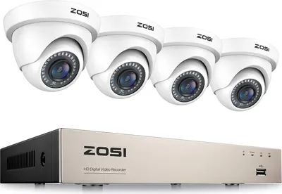 Produktbild von ZOSI  8CH H.265+ 1080P DVR Recorder mit 4 Außen 1080P Weiß Dome Überwachungskamera Set ohne Festplatte, 24M Nachtsicht