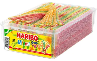 Produktbild von Haribo Miami Sauer Dose, Weiche Süßigkeiten, 1,12 kg, Apfel, Brombeeren, Zitrone, Orange, Erdbeere, Mehrfarbig, 1504 kJ, 354 kcal