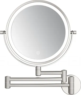 A wall-mounted makeup mirror with LED lighting and an adjustable arm.