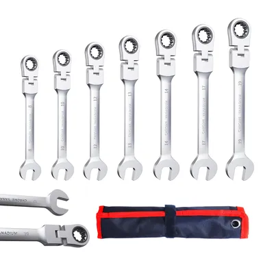 Produktbild von 7tlg Gelenk-Ratschenschlüssel-Satz, Ringratschenschlüssel Gabelschlüssel 8-19mm, Cr-V 72 Zähne, Werkzeug Set für Auto Reparatur, 180° Flexibel, inkl.