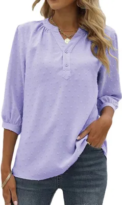 Image de ASKSA Femme Swiss Dot Blouse 3/4 manches été Elégant T-Shirt Col V Tunique Unicolore Mousseline Chemise, Violet, XXL