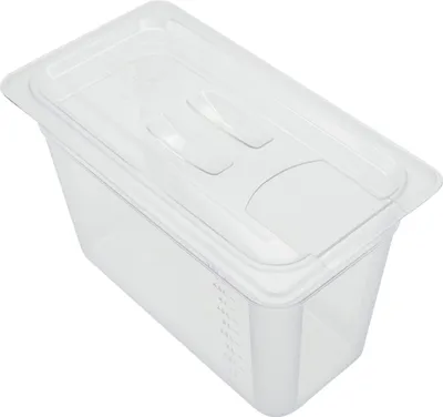 A clear plastic food storage container with a lid.