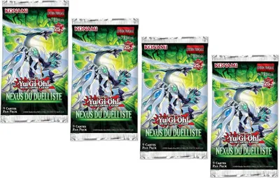 Four Yu-Gi-Oh! Duelist Nexus card booster packs are arranged in a group on a white background.