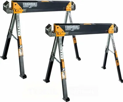 Two black and yellow sawhorses are shown against a white background.