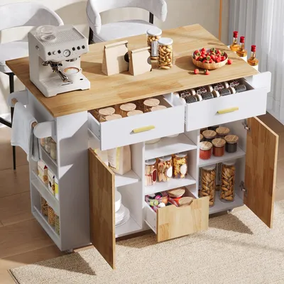 Imagen del producto de Isla de cocina móvil con encimera plegable, de 120x45(71)x90 cm, carro de cocina con tres cajones y ruedas con freno