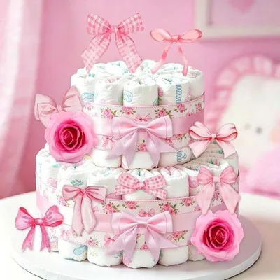 Productafbeelding van luiertaart met roze strik luierversiering een lief babymeisje